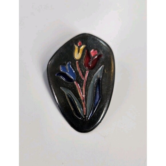 Vintage Sterling Silver Enamel Tulip Flowers Made In Israel Brooch Pin Pendant - Picture 3 of 13